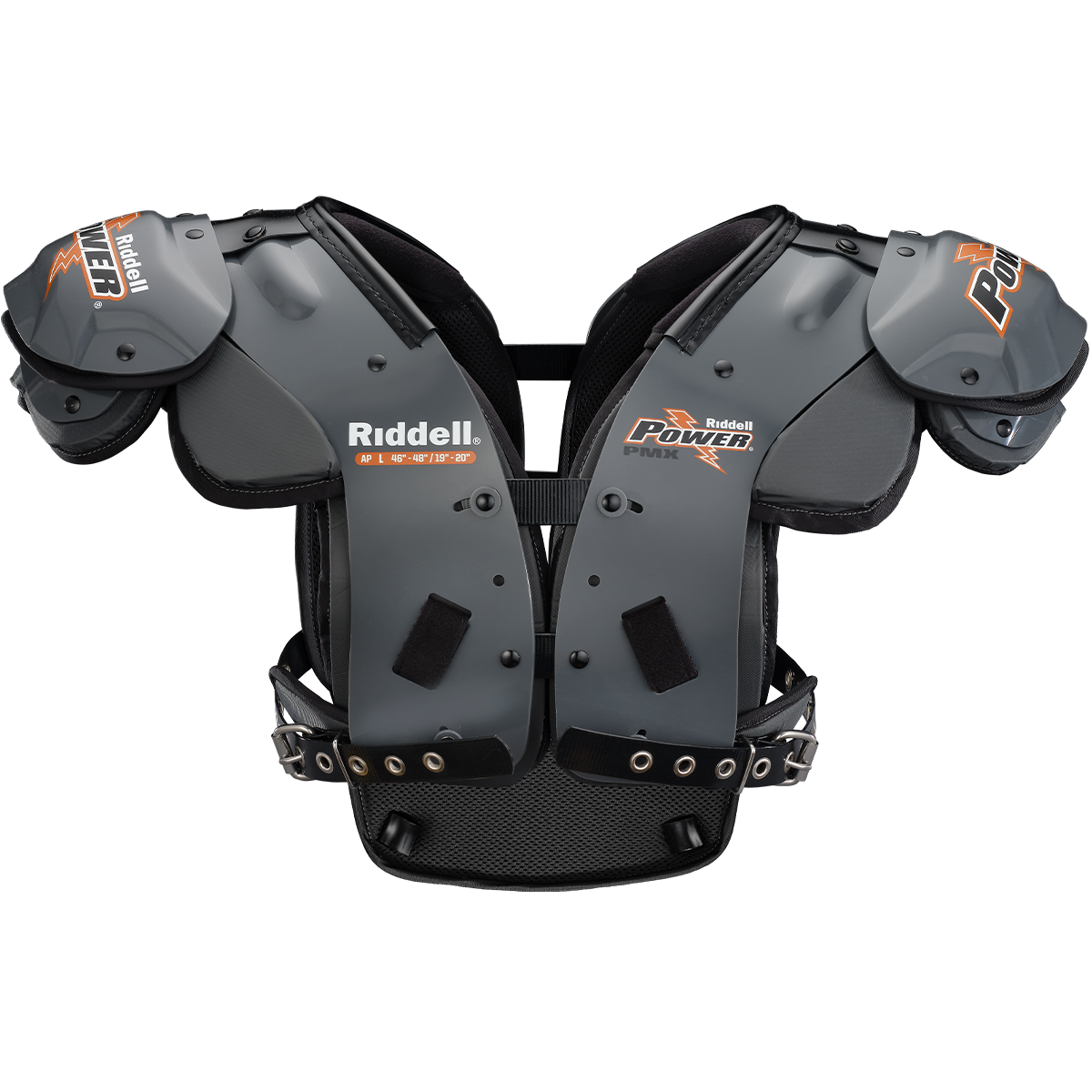 Riddell Power PMX football shoulder pads with energy management bodies, swivel pivot arch attachment, and adjustable pivot belting system.