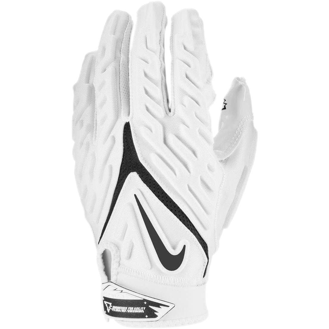 White Nike Superbad 6.0 football glove with black swoosh and protective padded back