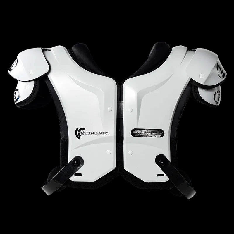 Battle Defender Adult shoulder pads in white and black, back view
