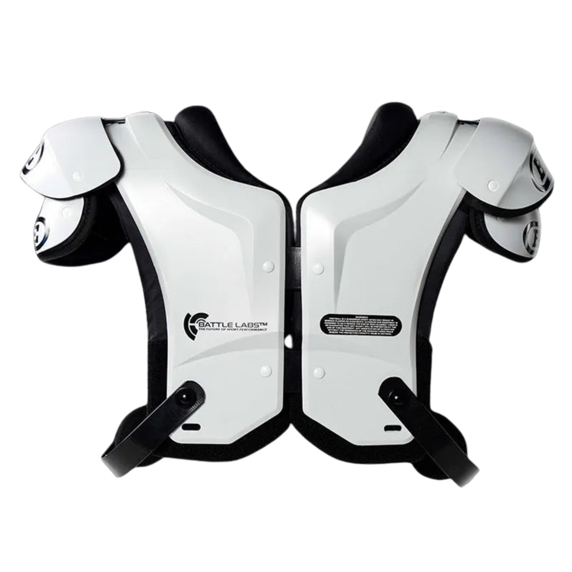 Battle Defender shoulder pads white — rear view showing back plates, Battle Labs decal and belt straps