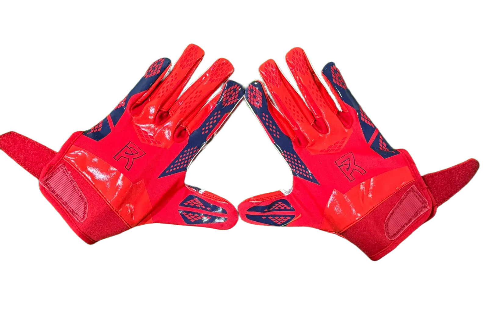 Reyrr ELITE Nordic Edition red and navy football gloves with Vapor-Stick Grip Technology for superior catch and breathability.