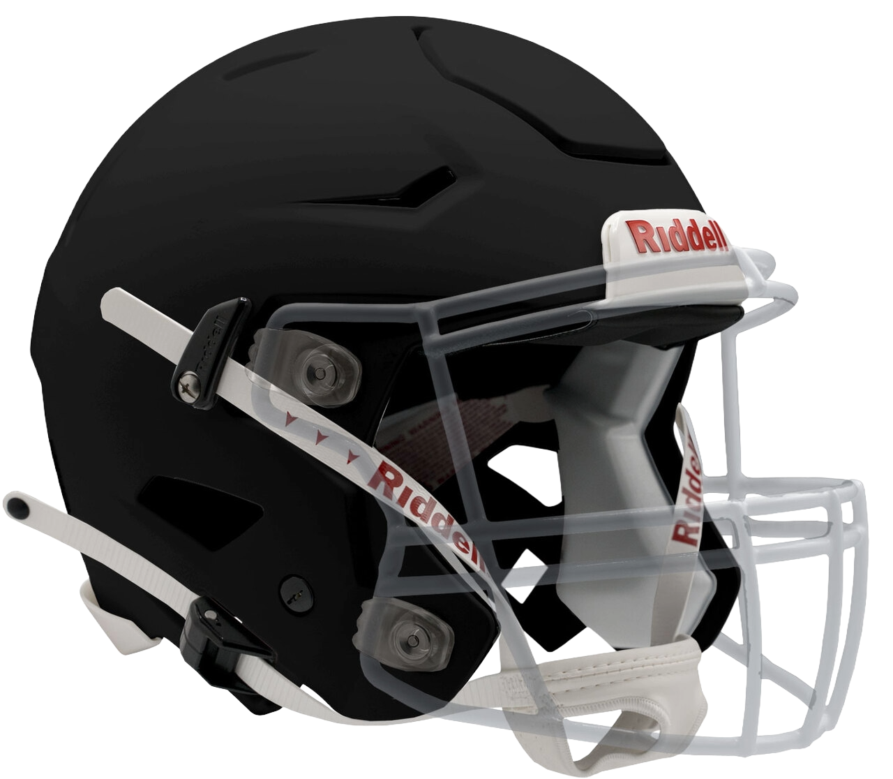 Black Riddell SpeedFlex football helmet with white facemask and red Riddell branding on a transparent background.