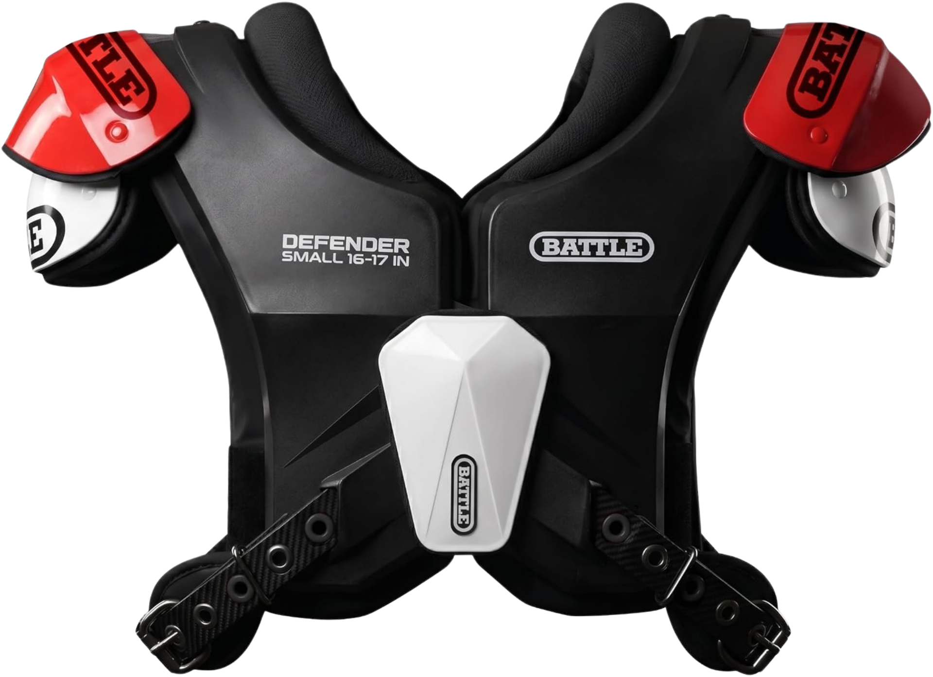 Battle Defender shoulder pads black and red — front view with red epaulettes and white sternum plate