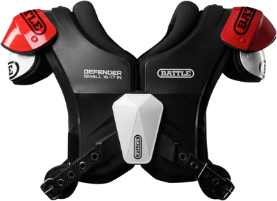 Battle Defender shoulder pads black and red — front view with red epaulettes and white sternum plate