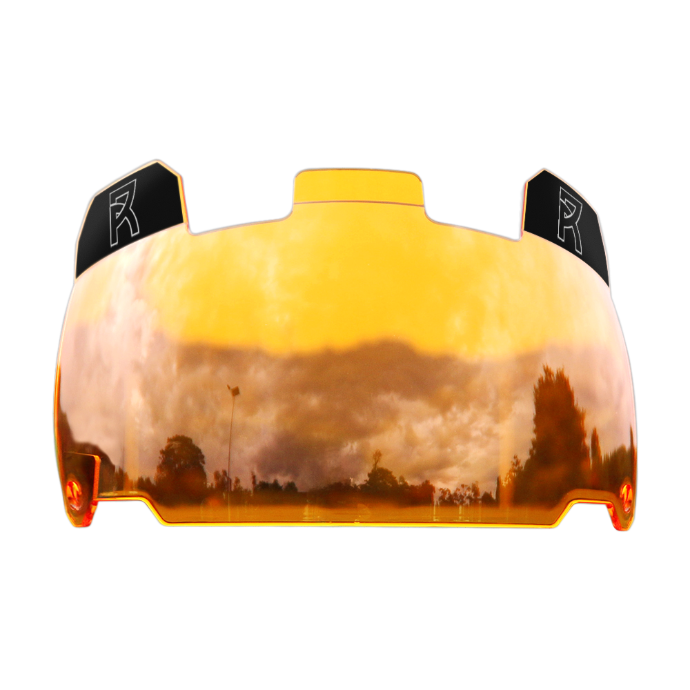 Reyrr VISION AMBER football visor with anti-fog, scratch-resistant polycarbonate shield and quick-release feature.