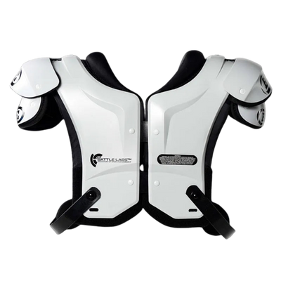Battle Defender shoulder pads white — rear view showing back plates, Battle Labs decal and belt straps