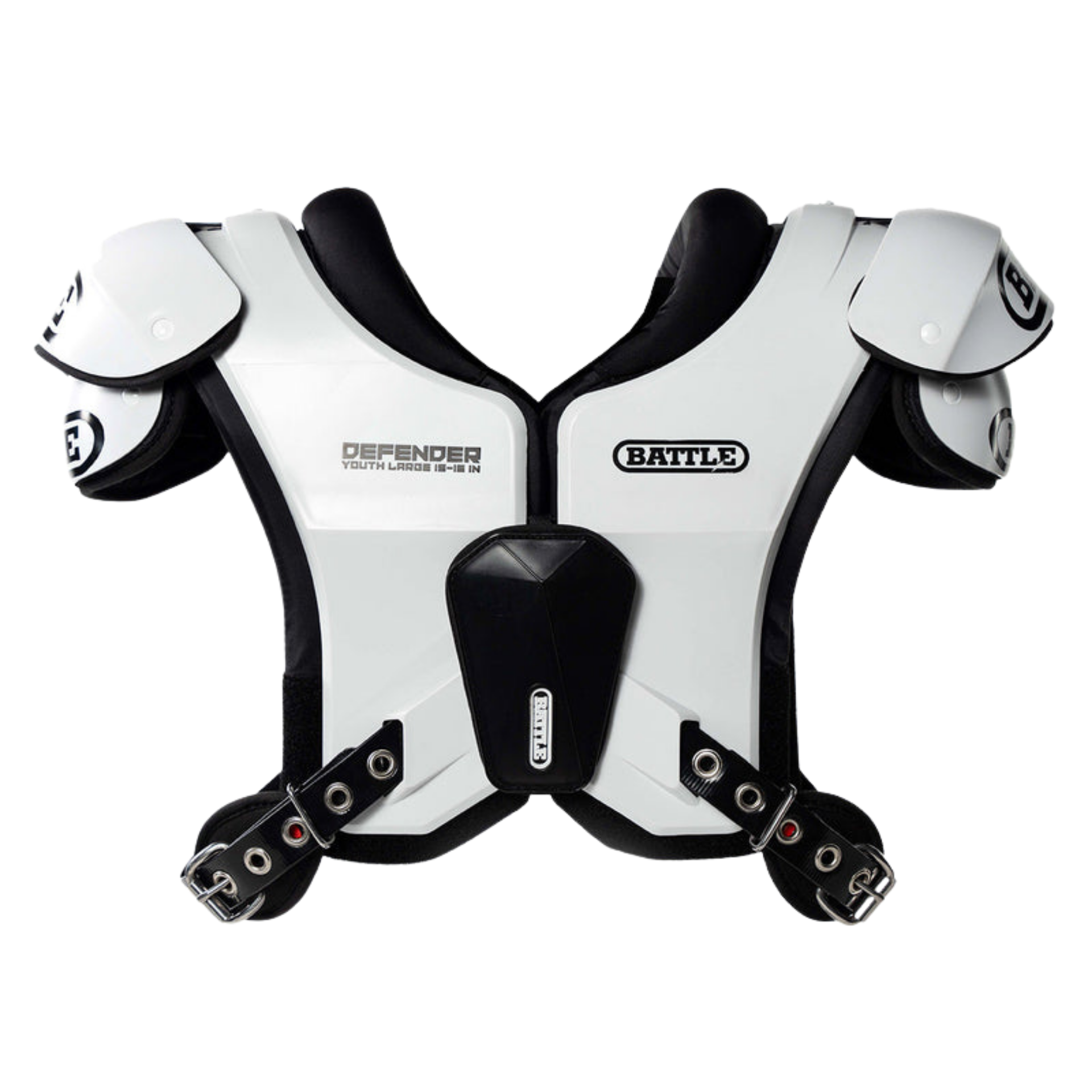 Battle Defender shoulder pads white — front view with white epaulettes and black sternum plate