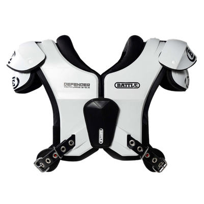 Battle Defender shoulder pads white — front view with white epaulettes and black sternum plate