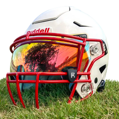Reyrr VIZU Clear Inferno football visor with ultra-wide distortion-free red lens, compatible with Riddell Speedflex and Schutt F7 helmets, featuring breakage-resistant polycarbonate and UV protection.