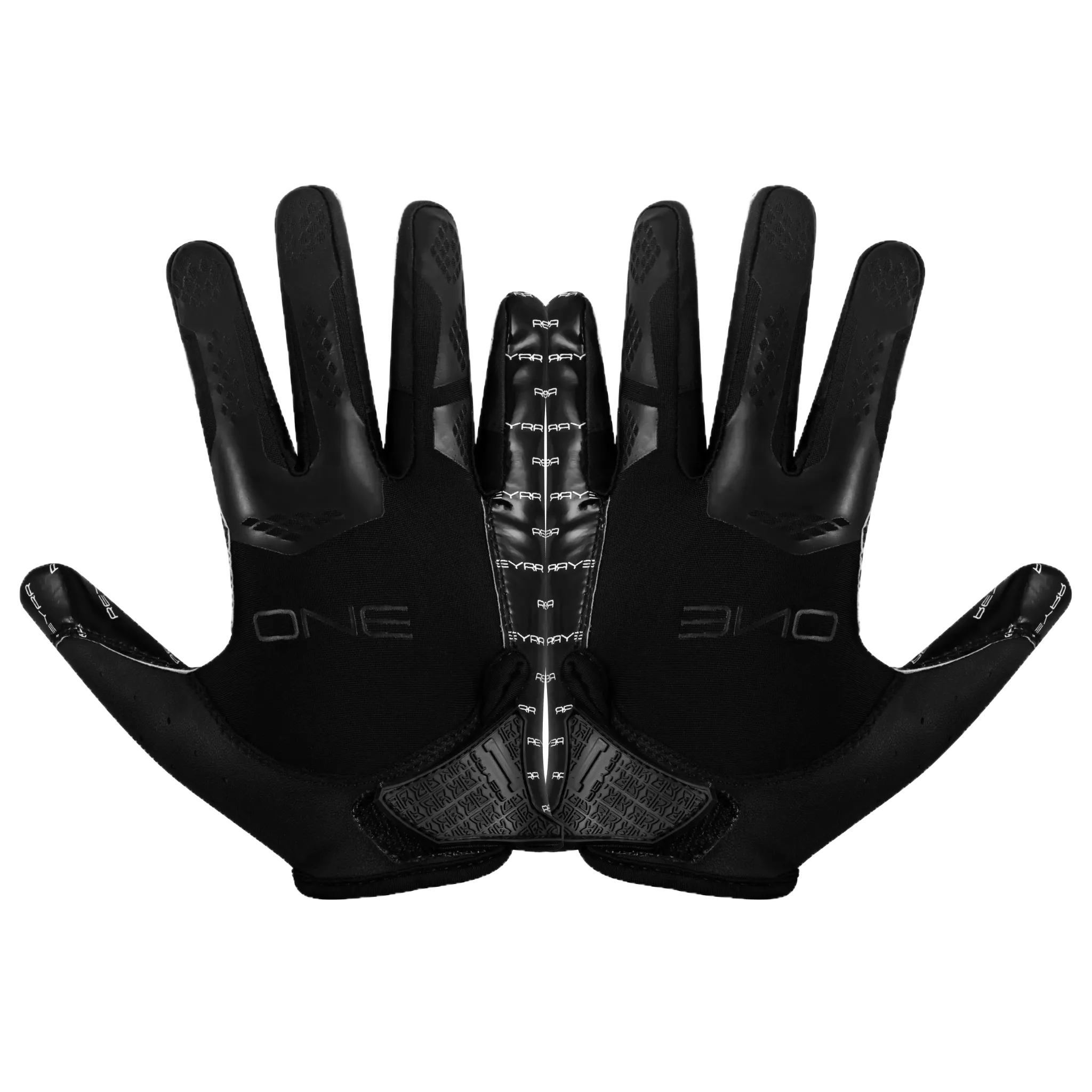 Pair of black Reyrr ONE gloves with enhanced silicone grip and breathable nylon back designed for athletic performance.