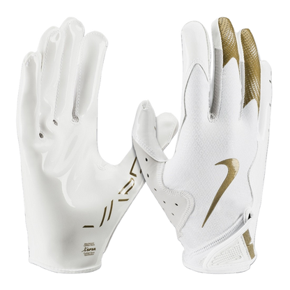 White and gold Nike Vapor Jet 8.0 football gloves with Magnigrip+ palms and breathable perforated fabric