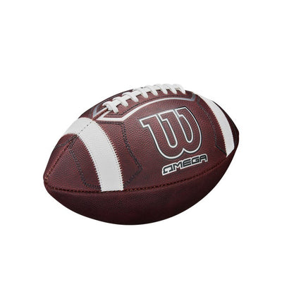 Wilson Omega football angled view showing REVTECH redistributed weight design