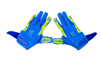 Blue and yellow Reyrr ELITE Nordic Edition football gloves with Vapor-Stick Grip Technology and perforated breathable design.