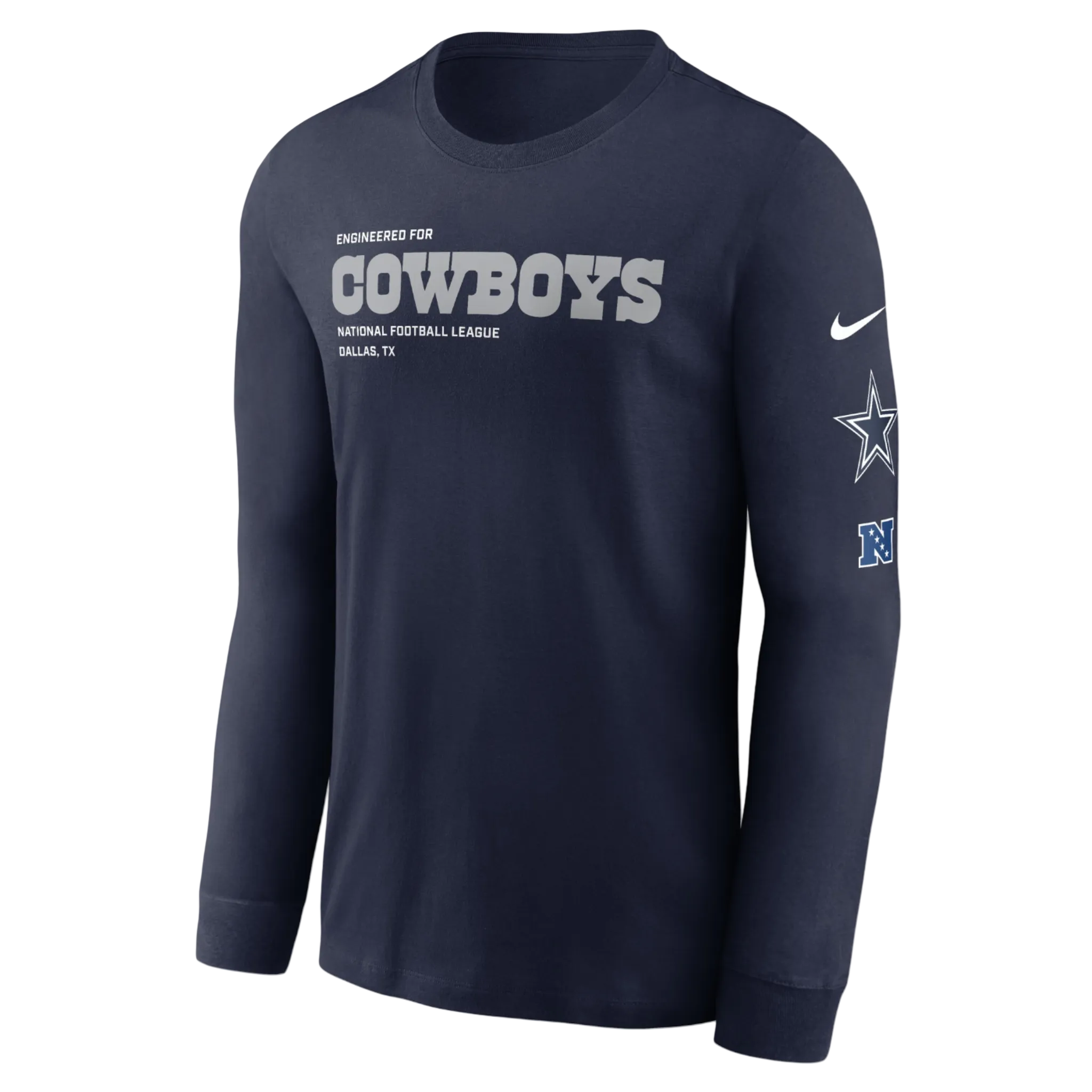 Navy long-sleeve shirt with 'Cowboys' text and Nike logo on a white background
