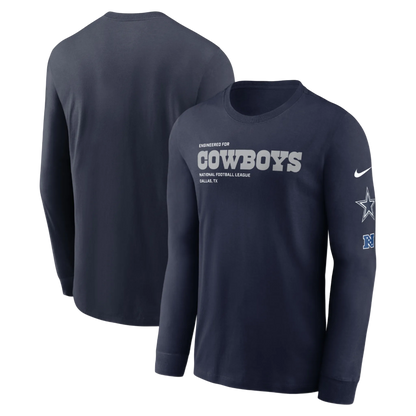 Navy long-sleeve shirt with 'Cowboys' text and Nike logo on a white background
