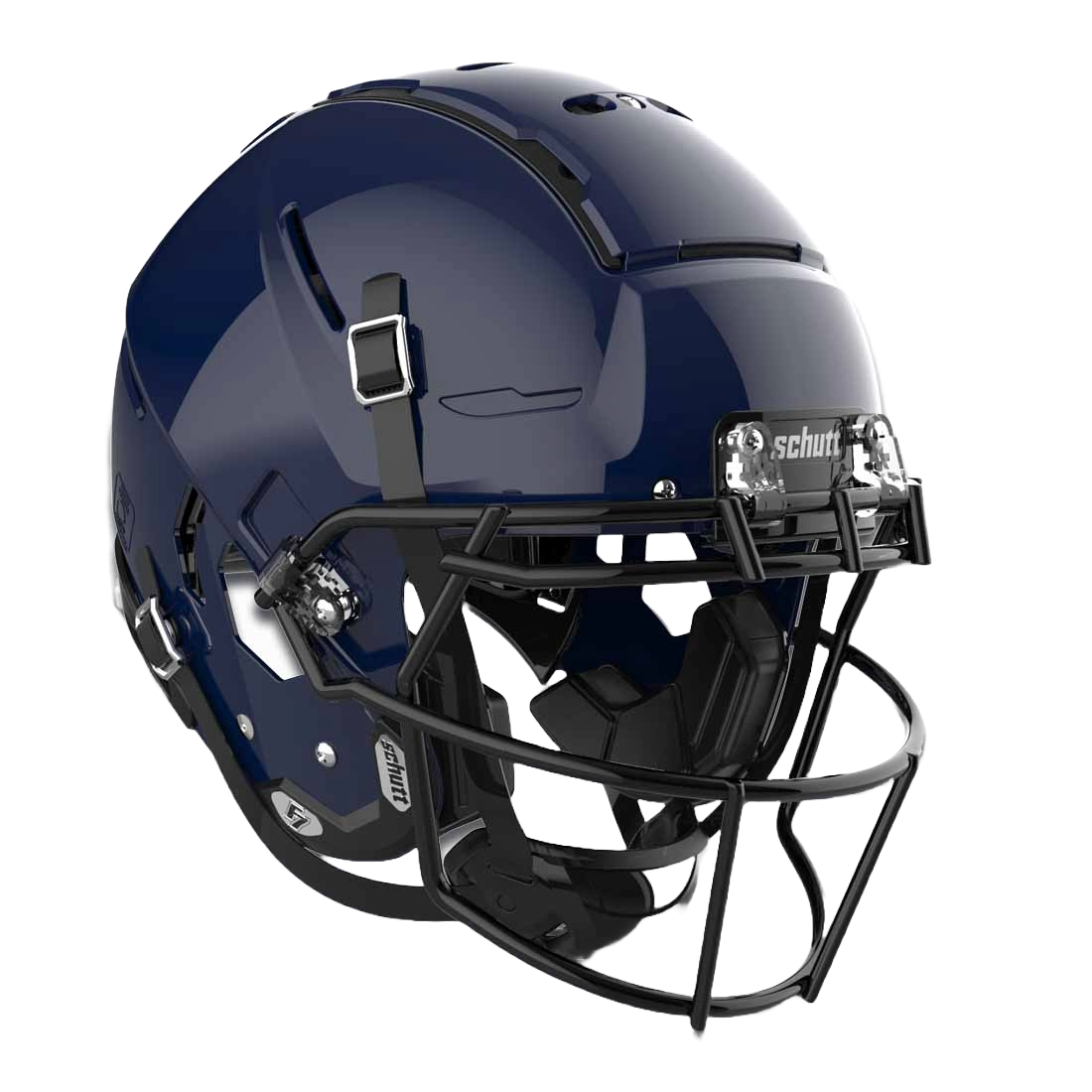 Schutt F7 VTD Collegiate football helmet in navy blue with black faceguard and advanced protective padding system.