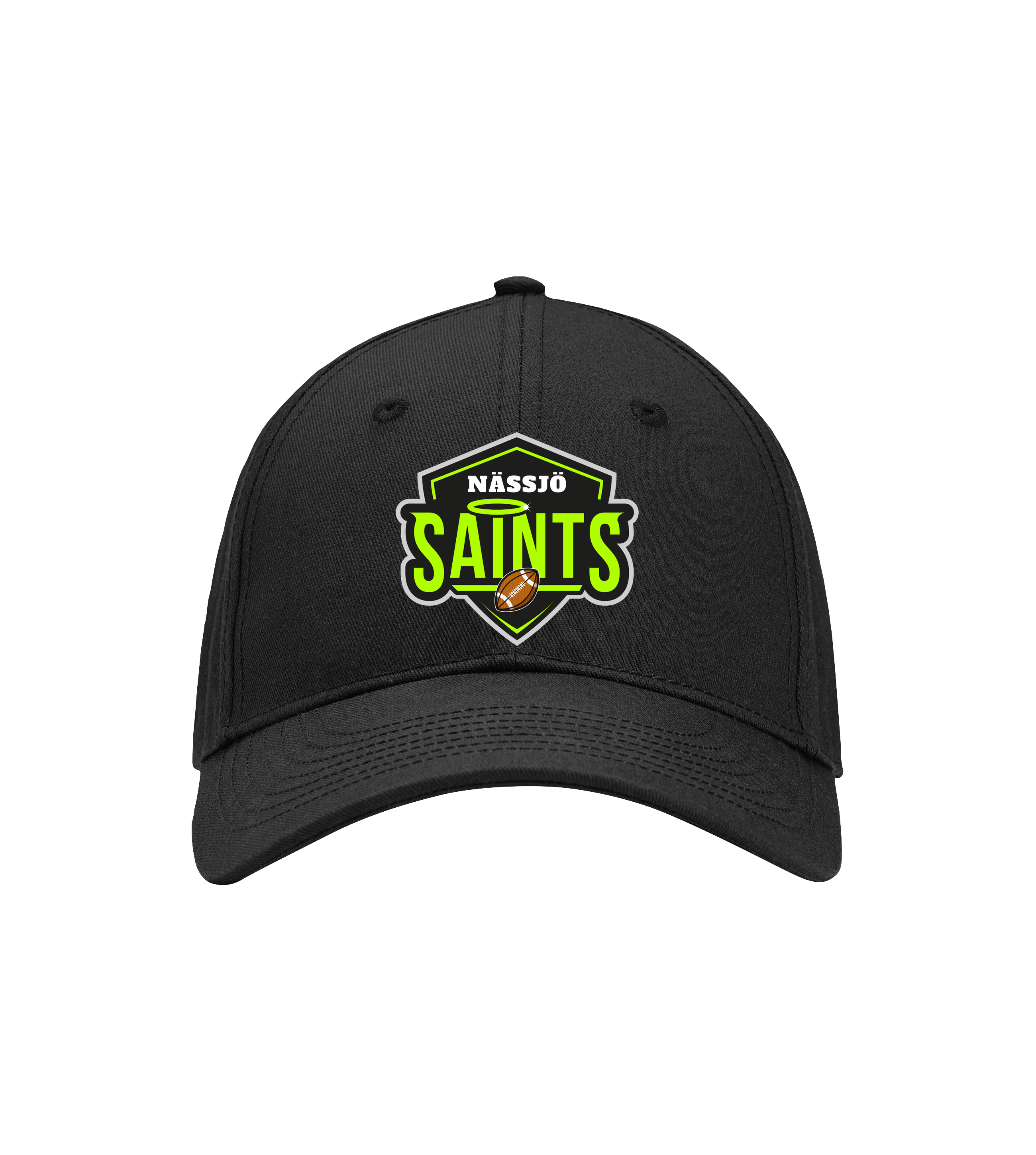 Black Nässjö Saints Baseball Cap with six panel design, durable cotton twill, hard brim, and adjustable velcro strap.