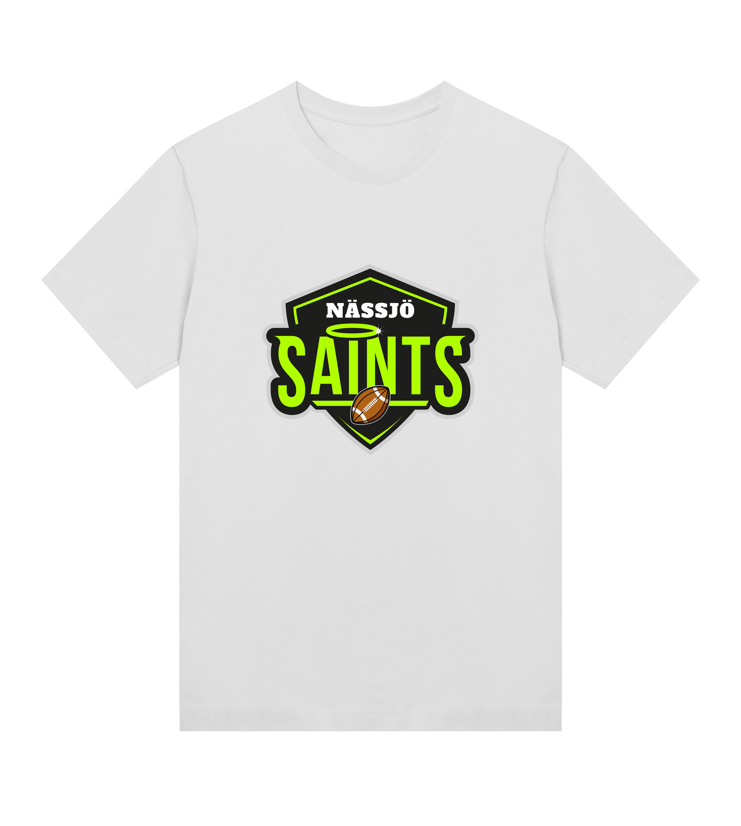Nässjö Saints Women's Tee white organic cotton t-shirt with green and black logo and football design