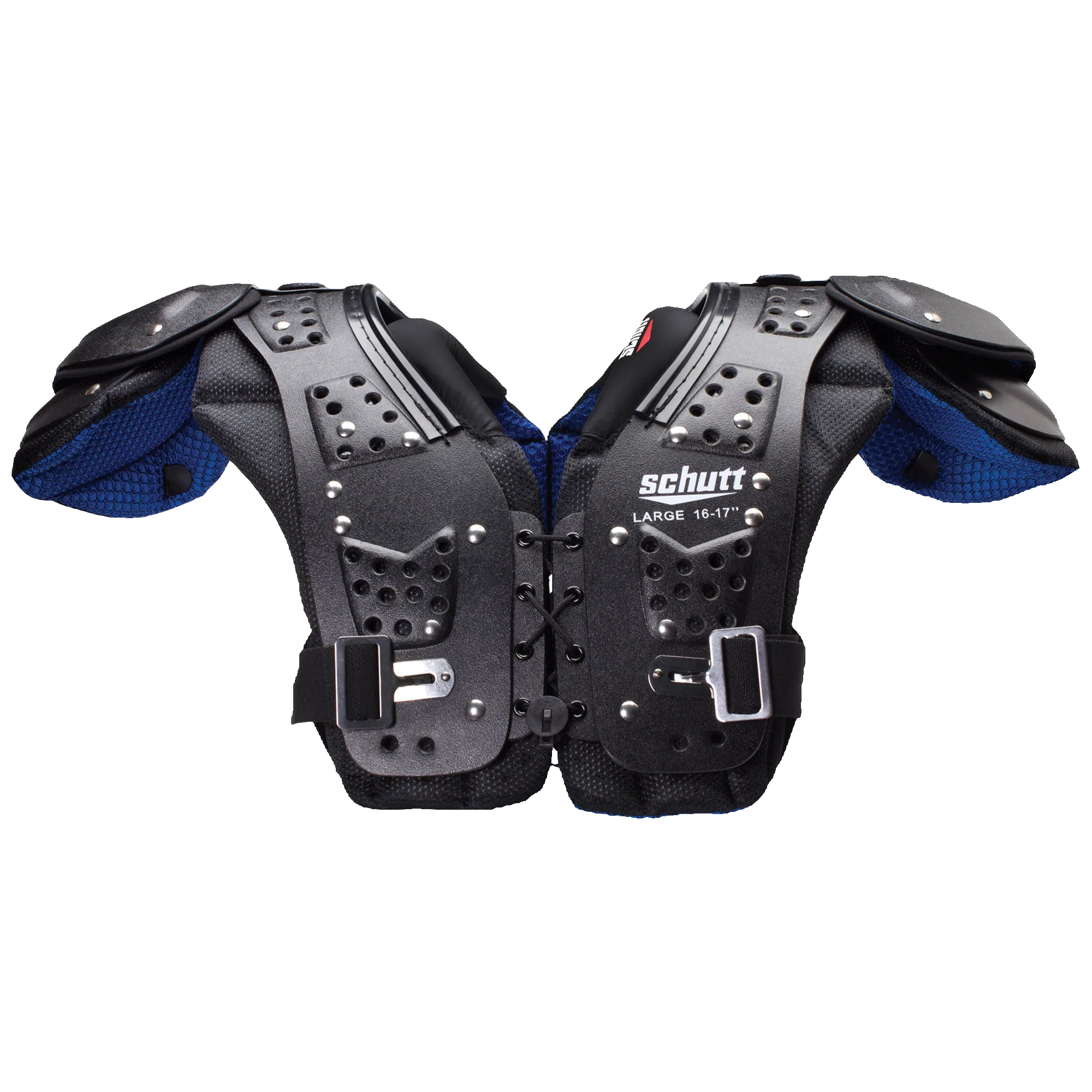 Schutt Mid Flex 4.0 Youth football shoulder pads with perforated dual-density padding and adjustable belt system for flexible protection and breathability